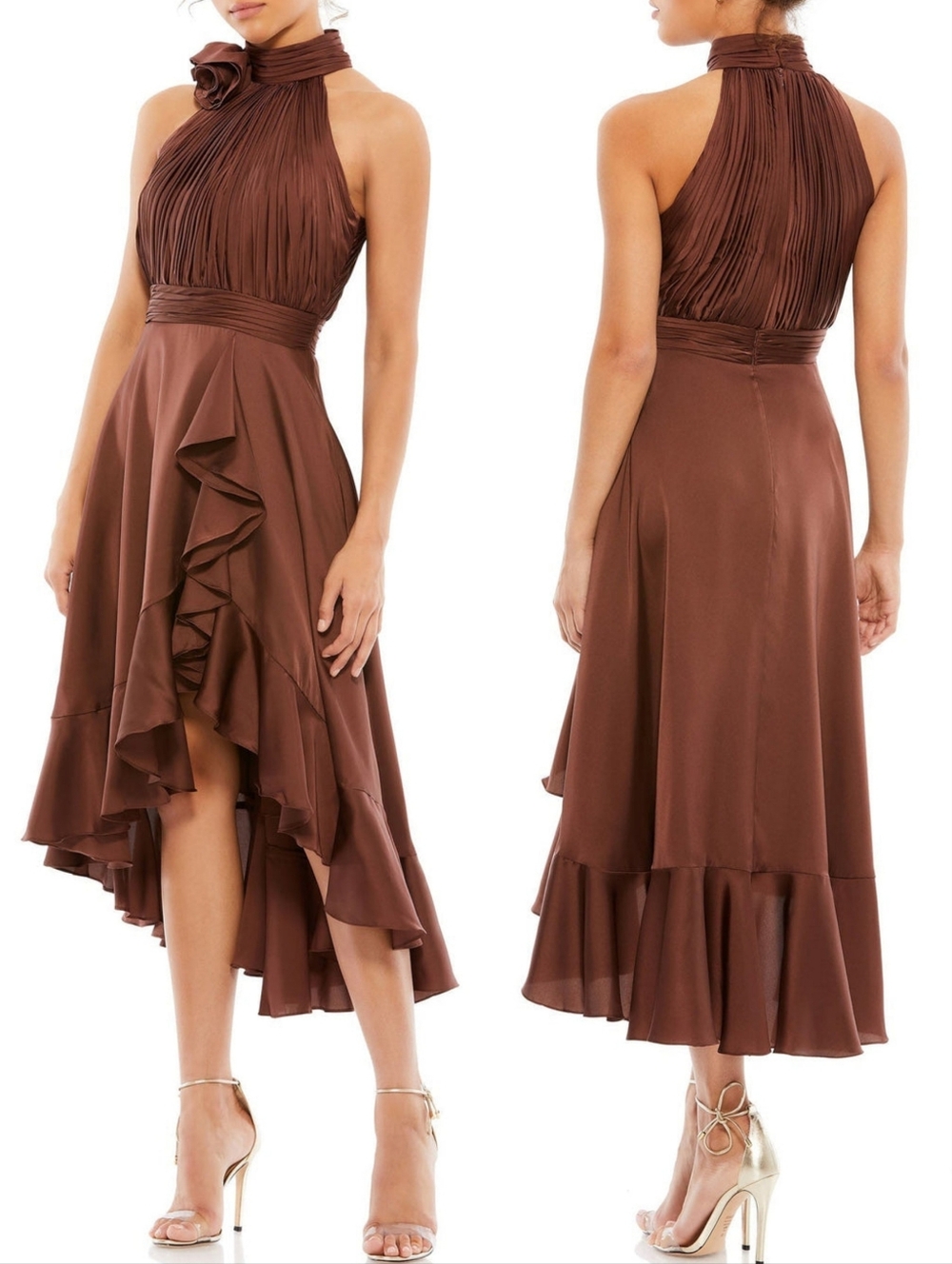 Mac Duggal 49488 Chocolate Brown Sleeveless Ruffle Flower Satin Midi Dress 0 NWT